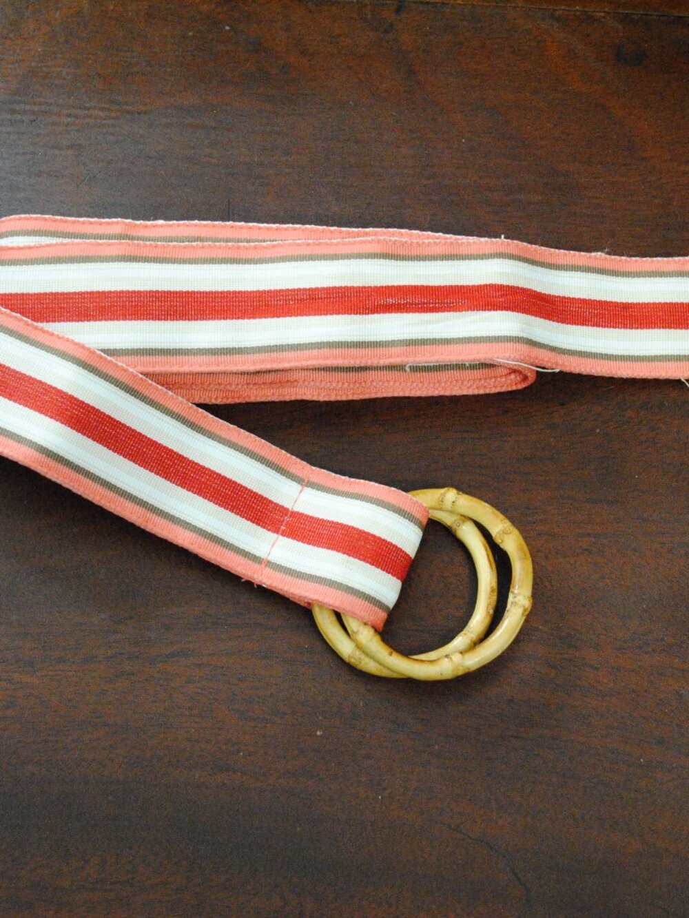 Vintage 70s Red, Pink, White, & Cream Striped Belt with Bamboo Style Buckle